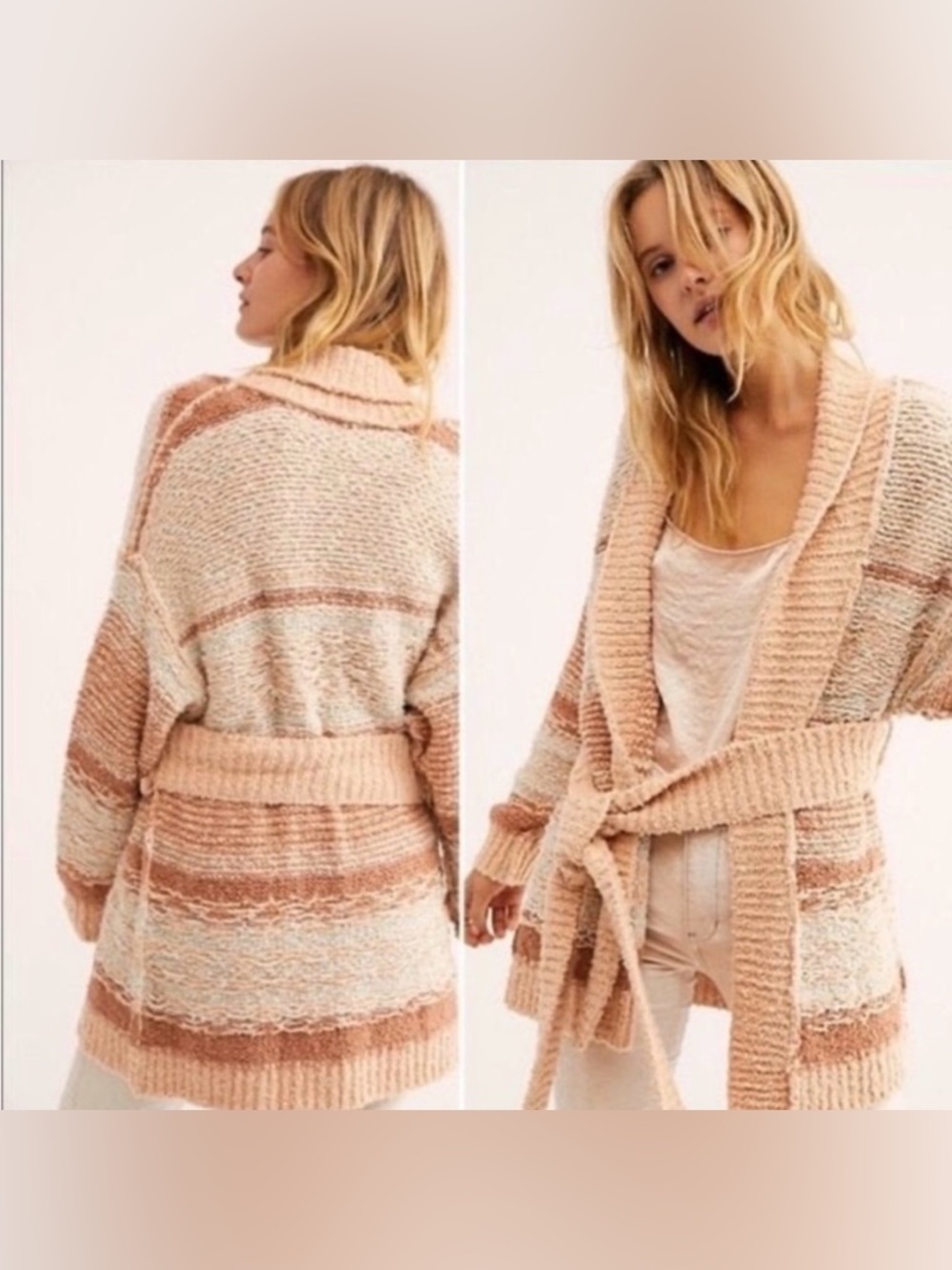 Free People Striped Blush and Cream Belted Open-Front Cardigan XS